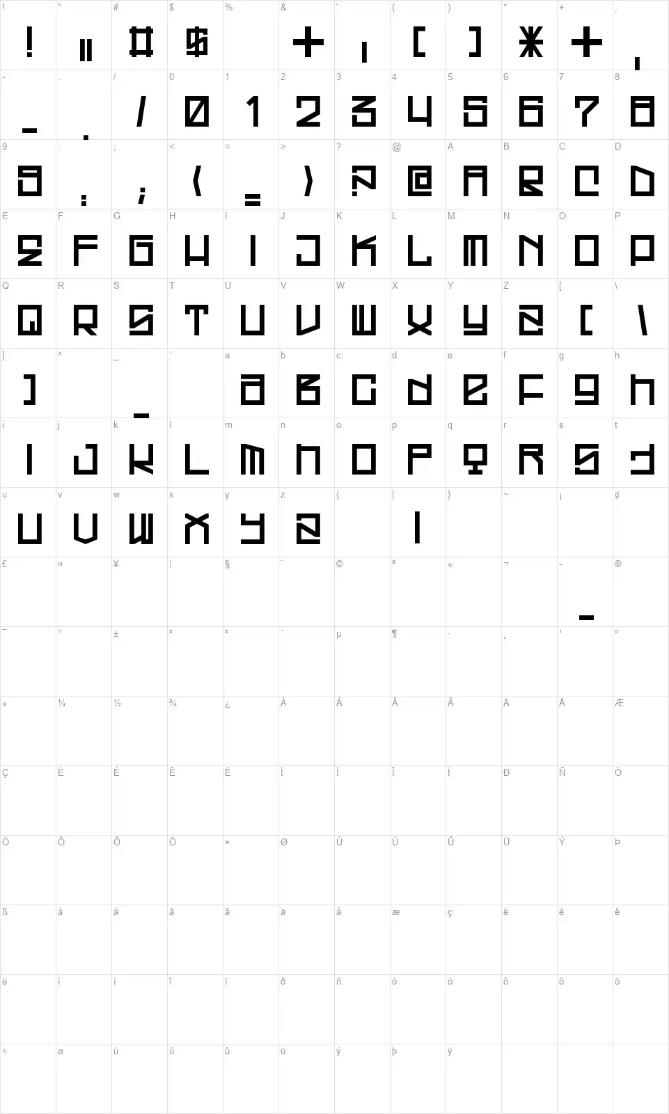 Westrider 2057font character map