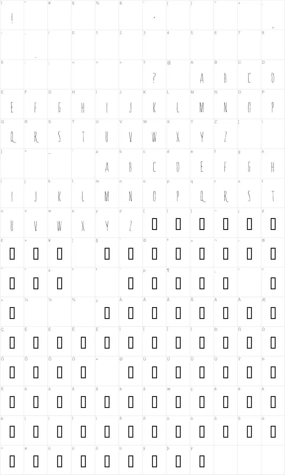 Whisperingsfont character map