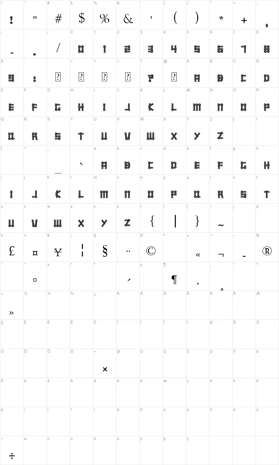Wicker Manfont character map