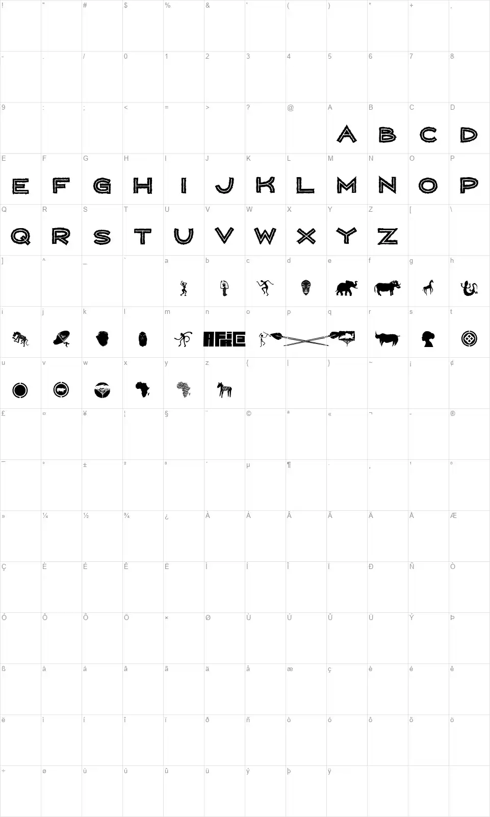 Wild Africafont character map