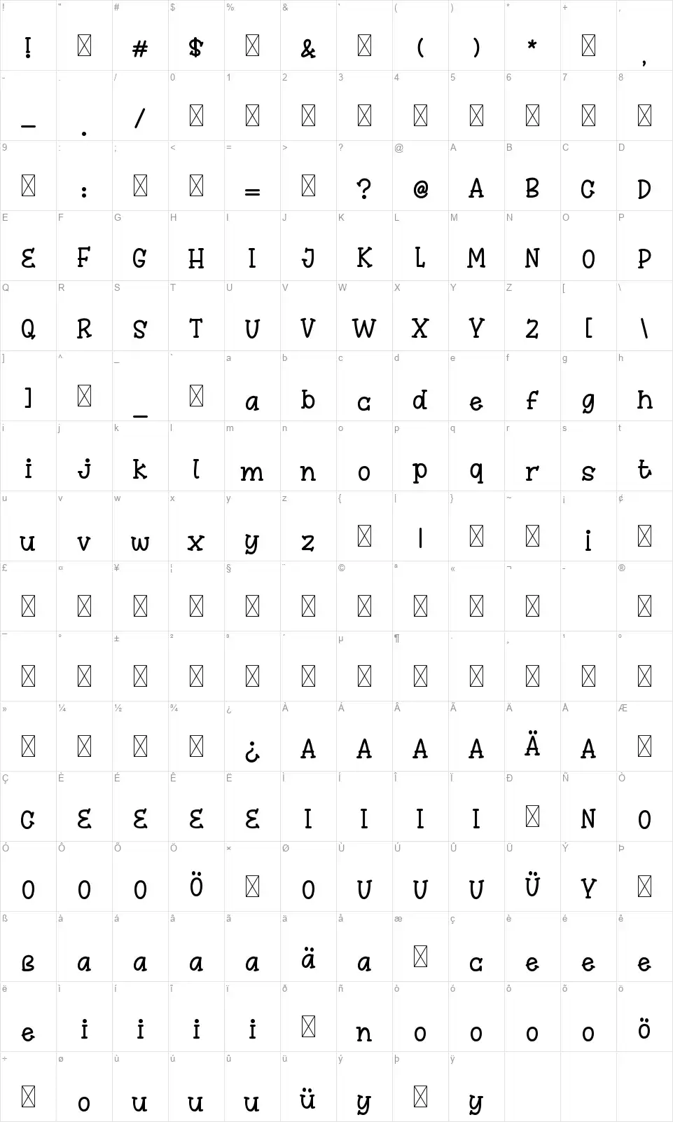 Winsten Sparkyfont character map
