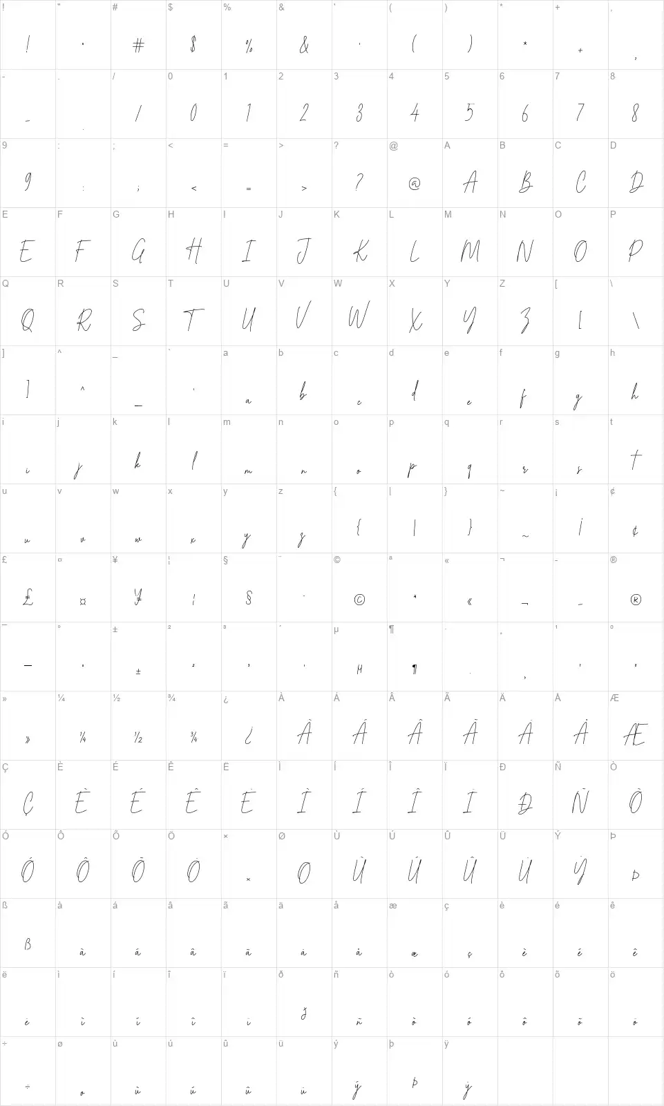Winsterdayfont character map