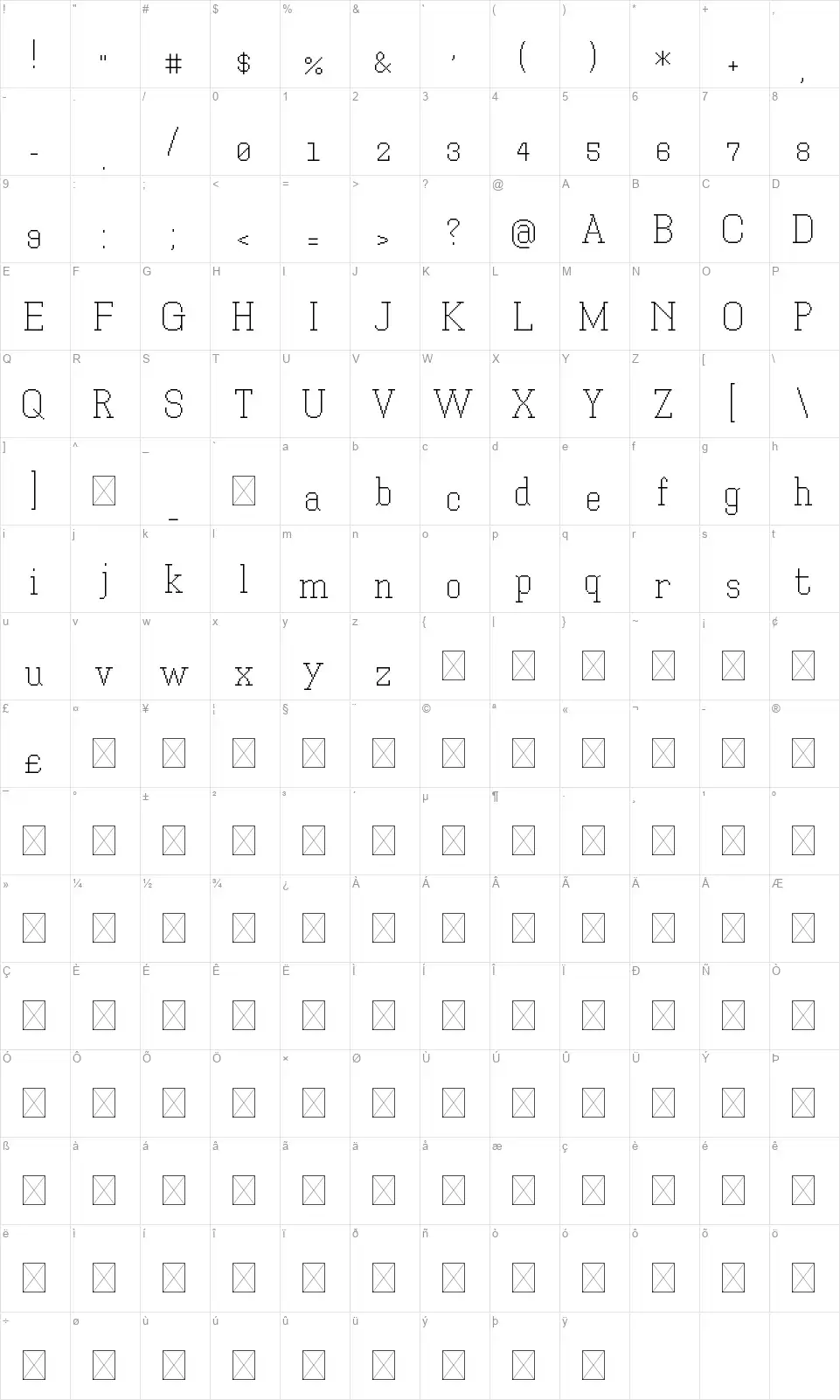 Xilla Profont character map