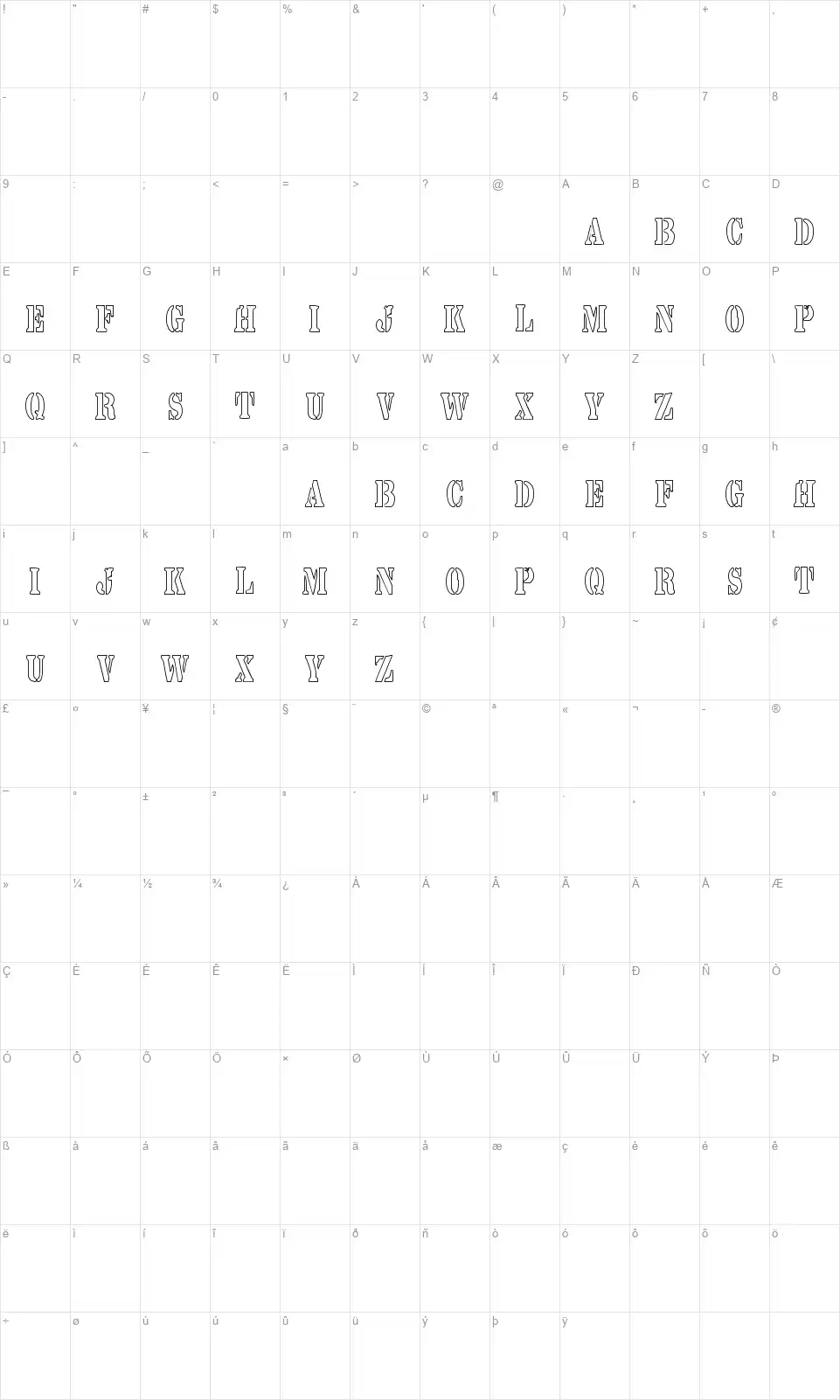 Yarrowfont character map