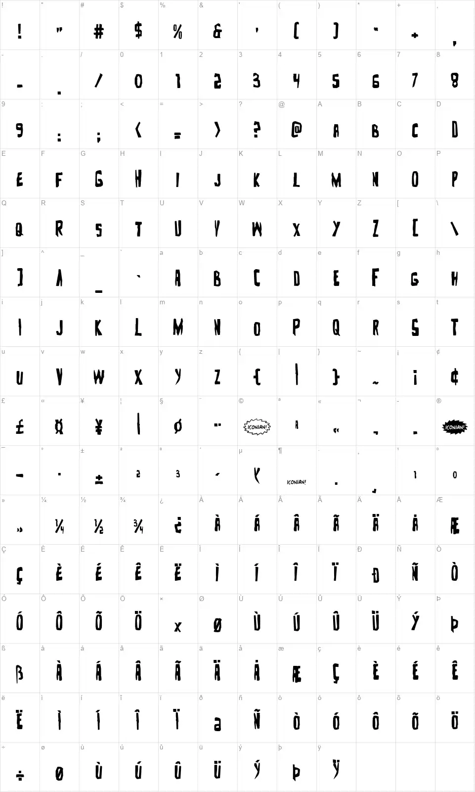 Zakenstein font character map